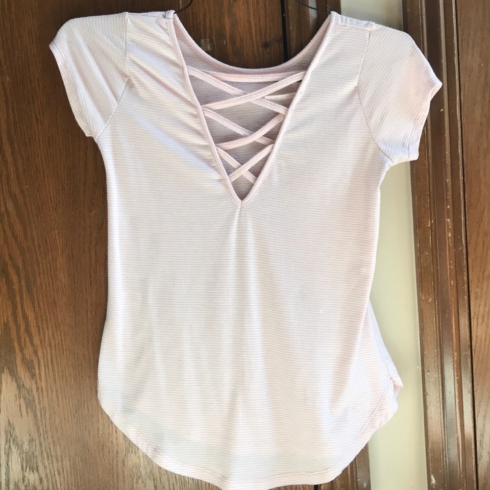 Pink and white striped crisscross t-shirt